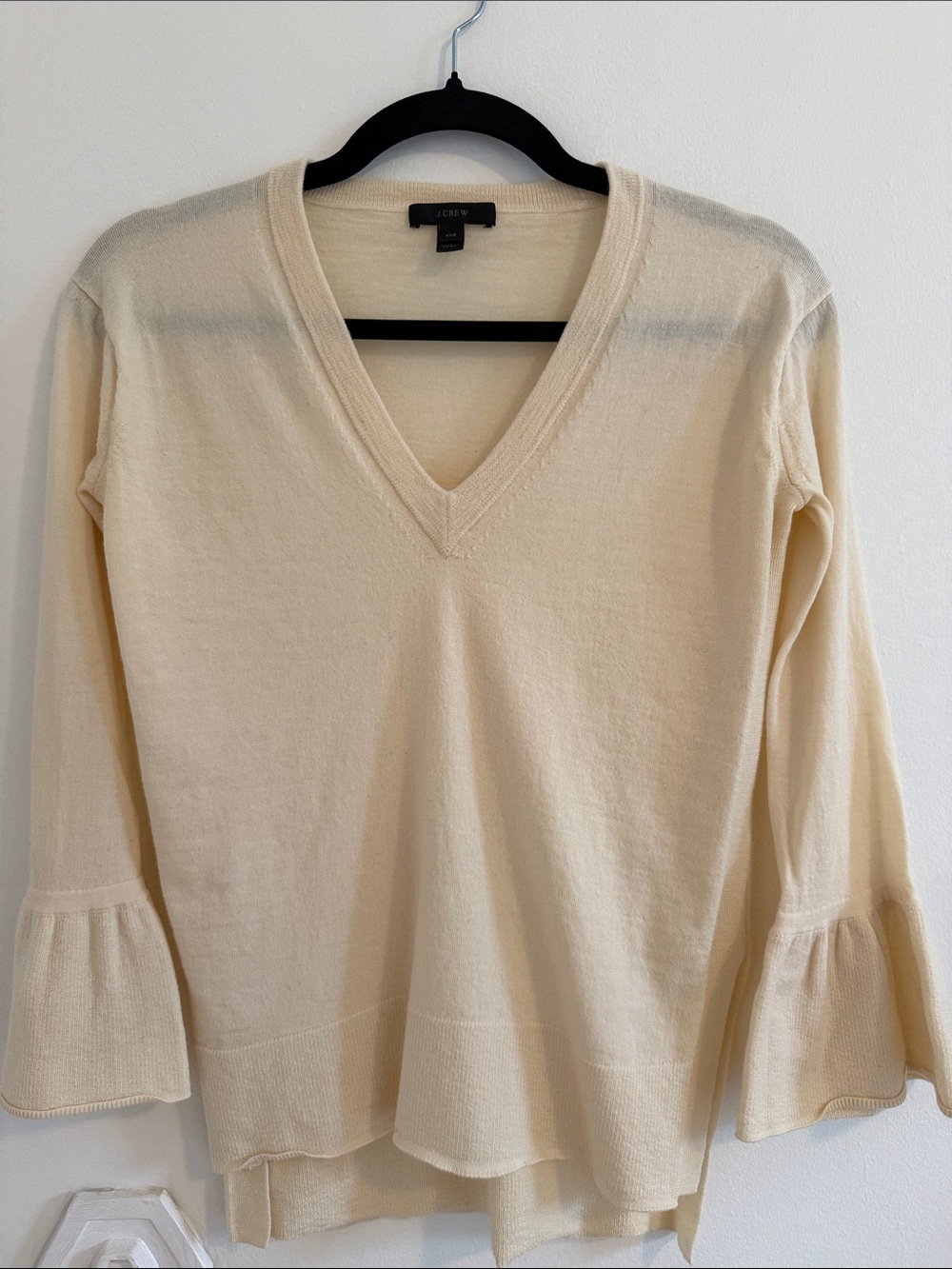 J. Crew Cream V-Neck Bell Sleeve Sweater 100% Merino Wool Missing Sleeve Ties